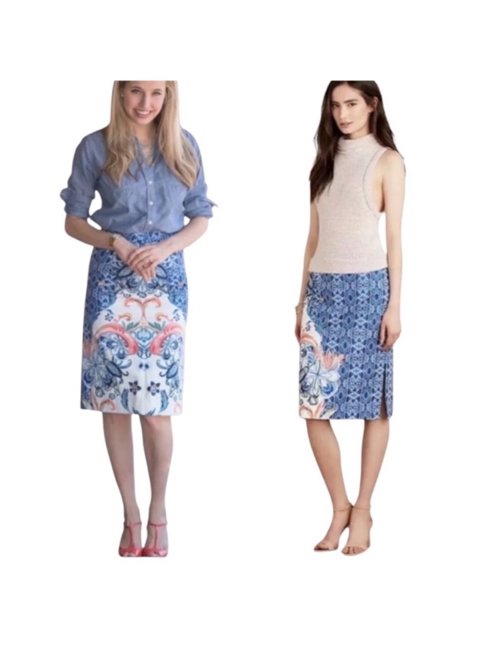 NEW MOULINETTE Anthropologie Blue & Coral Floral Midi Skirt Side Split size 4